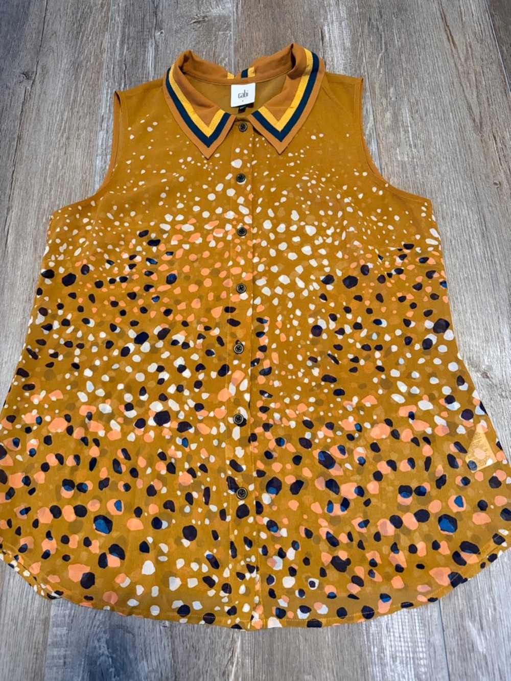 CABI Gold Ochre Navy Blue Spotted Collared
Sleeveless Tank Button Up